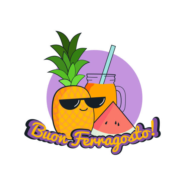 bildbanksillustrationer, clip art samt tecknat material och ikoner med roligt kort buon ferragosto italiensk sommarsemester som rolig tecknad karaktär av ananas med solglasögon, vattenmelon, juice eller smoothie - illustrationer med smoothie