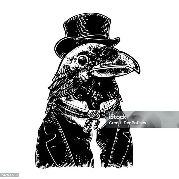 Raven Gentlemen Dressed In Suit Tie And Rectangular Cylinder Vintage Black Engraving Stock Illustration - Download Image Now