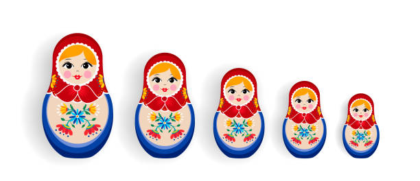 illustrazioni stock, clip art, cartoni animati e icone di tendenza di set di bambole nidificanti russe o souvenir in russia - russian nesting doll doll russia decoration