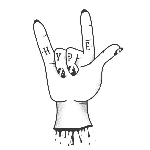 Vector illustration of Hype sign tatoo on hand with rock and roll cool gesture. Modern old school font