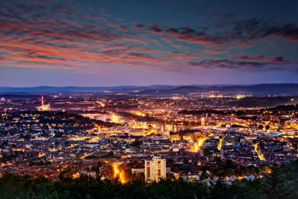 Evening shot of Stuttgart, Germany, taken from Birkenkopf view point.