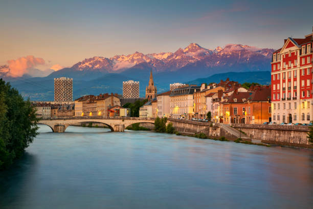 Greneble. Cityscape image of Grenoble, France during sunset. isere river stock pictures, royalty-free photos & images