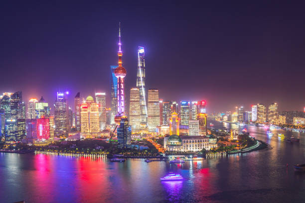 istock Shanghai, China - colorful Skyline at night 969729376