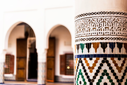 Next to Ben Youssef Mosque, this old school is one of the most beautiful expression of art and architecture in Marrakech.\n\nThe image shows parts from Ben Youssef's Medersa, the largest in Morocco. It has 130 classrooms and in its day it hosted up to 900 students. Detail of a decorated column\n\nAli Ben Youssef Medersa, decorated courtyard - Marrakesh, Morocco, Nov 2013