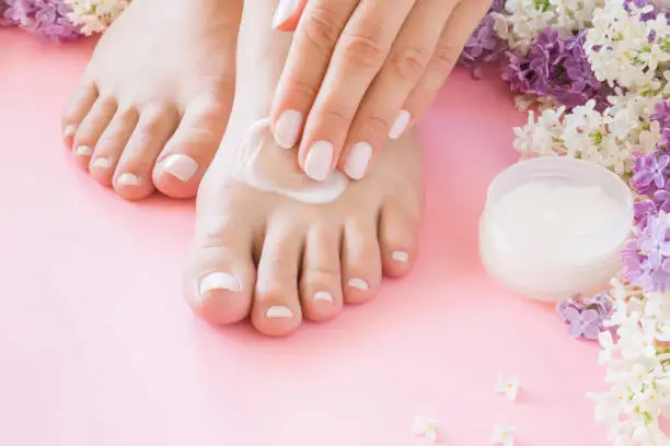 Young woman's hands applying perfect groomed feet with moisturizing natural cream. Care about clean, soft, smooth skin. Beautiful branches of colorful lilac. Fresh flowers on pastel pink background.