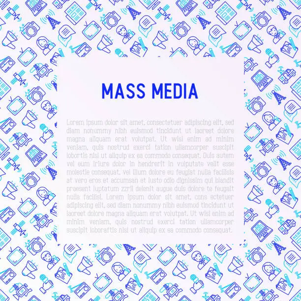 Vector illustration of Mass media concept with thin line icons: journalist, newspaper, article, blog, report, radio, internet, interview, video, photo. Modern vector illustration for banner, print media, web page.