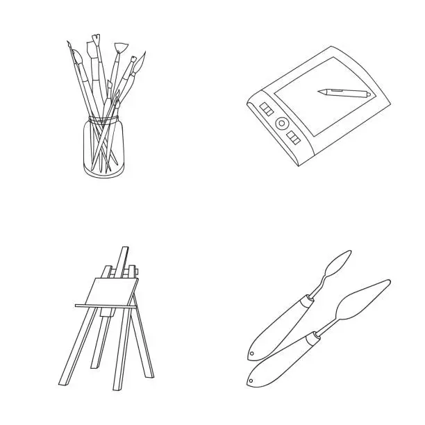 Vector illustration of Bank with brushes, a drawing board, an easel with a canvas, paint knives.Artist and drawing set collection icons in outline style vector symbol stock illustration web.