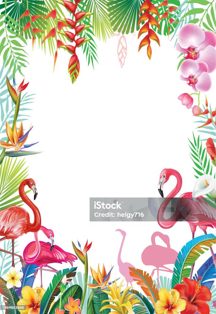 Frame from tropical flowers and Flamingoes Frame from tropical flowers, leaves and Flamingoes Flamingo stock vector