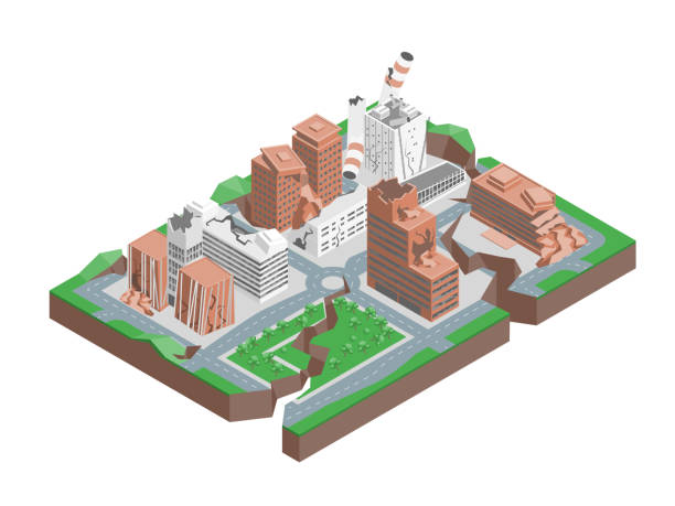 City Hit Earthquake Concept 3d Isometric View. Vector City Hit Earthquake Concept 3d Isometric View Cracking buildings, Damage and Accident. Vector illustration of Natural Disaster Destruction emergency plan document stock illustrations