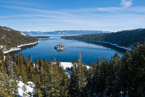 Emerald Bay is a natural and scenic bay in the southwest corner of Lake Tahoe, California, USA. In 1969 Emerald Bay was recognized as a National Natural Landmark by the US Department of the Interior. Fannette Island in Emerald Bay is the only island in Lake Tahoe.