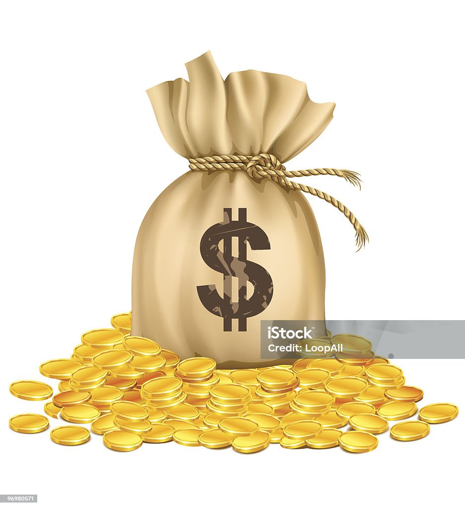 bag with dollars money on pile of golden coins bag with dollars money on pile of golden coins - vector illustration, isolated on white background Bag stock vector