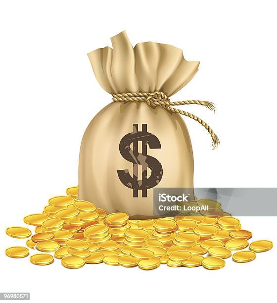 Bag With Dollars Money On Pile Of Golden Coins Stock Illustration - Download Image Now - Bag, Coin, Color Image