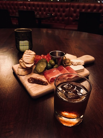 Whiskey scotch and cheese platter
