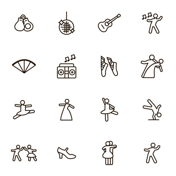 Dancing Signs Black Thin Line Icon Set. Vector Dancing Signs Black Thin Line Icon Set Include of Couple, Guitar, Singer and Pointes. Vector illustration of Icons ballet dancing stock illustrations