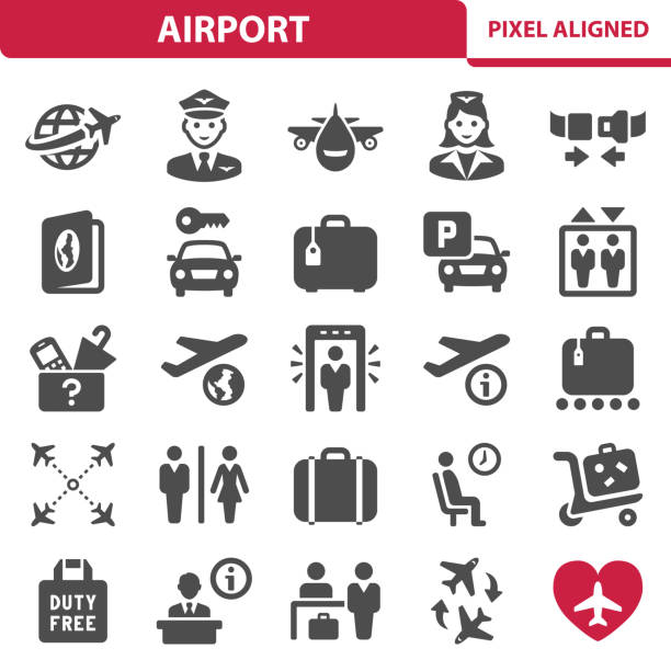 ilustraciones, imágenes clip art, dibujos animados e iconos de stock de aeropuerto icons - oficina de objetos perdidos