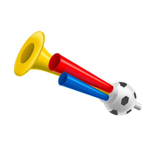 Realistic Detailed 3d Trumpets Football Fan. Vector Realistic Detailed 3d Trumpets Football Fan Soccer Game Championship Element Pipe for Noise. Vector illustration of Horn Toy vuvuzela stock illustrations