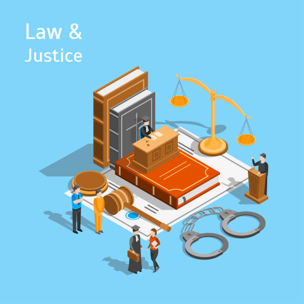 ilustraciones, imágenes clip art, dibujos animados e iconos de stock de ley justicia composición concepto 3d vista isométrica. vector de - legal system law justice backgrounds