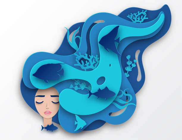 ベクトル紙は長いウェーブのかかった髪の若い美しい女性人魚の肖像画。魚、サンゴ、藻類、波で海底の紙水中海人生。紙はカット スタイルのベクトルです。深い青色の海洋生物、ダイビン - underwater abstract coral seaweed点のイラスト素材／クリップアート素材／マンガ素材／アイコン素材