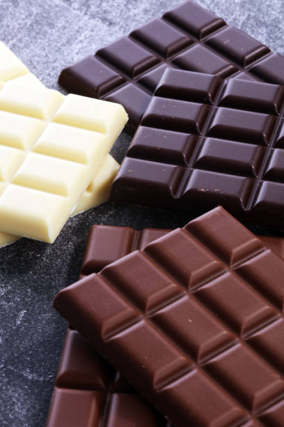 istock chocolate in diffrent color. milk, dark and white chocolate bars 969833732