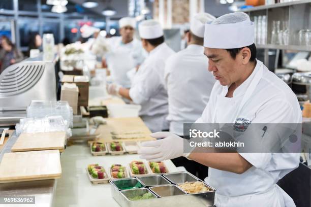 Market Food Lobster Place Shop Interior Inside In Downtown Lower Chelsea Neighborhood District Manhattan Nyc Sushi Chef Preparing Food Stock Photo - Download Image Now