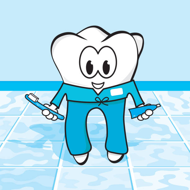 illustrations, cliparts, dessins animés et icônes de caractère de gommages gourmands - smiling human teeth toothbrush moving up