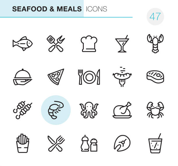 ilustraciones, imágenes clip art, dibujos animados e iconos de stock de pescados y mariscos y comidas - iconos pixel perfect - shrimp cocktail