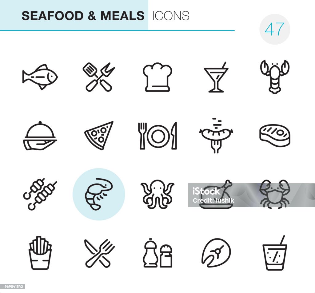 Seafood and Meals - Pixel Perfect icons 20 Outline Style - Black line - Pixel Perfect icons / Set #47
Icons are designed in 48x48pх square, outline stroke 2px.

First row of outline icons contains:
Fish, Crossed Spatula and Kitchen Fork, Chef's Hat, Martini Glass, Lobster - Seafood;

Second row contains:
Serving Tray in human hand, Pizza, Plate, Fork and Table Knife, Sausage and Fork, Steak;

Third row contains:
Kebab, Shrimp, Octopus, Cooked Roast Chicken, Crab; 

Fourth row contains:
French Fries, Crossed Fork and Table Knife, Salt and Pepper Shaker, Fish Fillet, Cocktail.

Complete Primico collection - https://www.istockphoto.com/collaboration/boards/NQPVdXl6m0W6Zy5mWYkSyw Chicken Meat stock vector