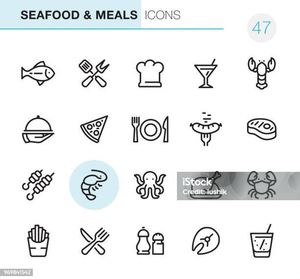 Seafood And Meals Pixel Perfect Icons Stock Illustration - Download Image Now - Chicken Meat, Line Icon, Icon Symbol