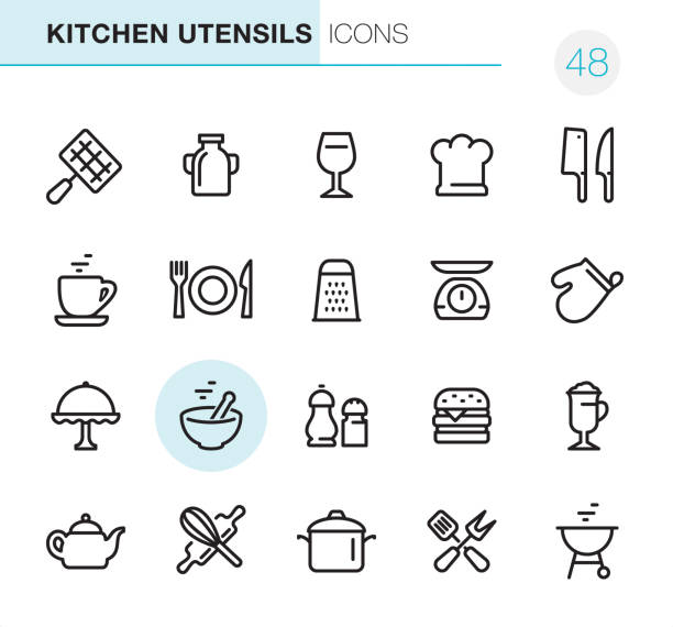 illustrations, cliparts, dessins animés et icônes de ustensiles de cuisine - icônes perfect pixel - kitchen utensil kitchen knife wire whisk spatula