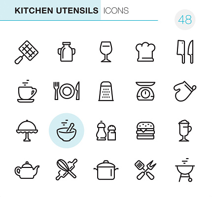 20 Outline Style - Black line - Pixel Perfect icons / Set #48
Icons are designed in 48x48pх square, outline stroke 2px.

First row of outline icons contains:
Barbecue Grill, Milk Bottle, Wineglass, Chef