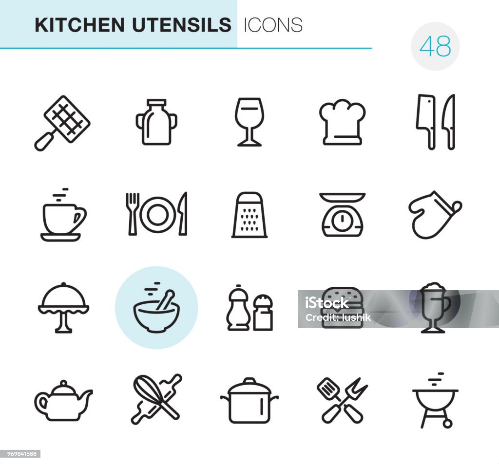 Kitchen Utensils - Pixel Perfect icons 20 Outline Style - Black line - Pixel Perfect icons / Set #48
Icons are designed in 48x48pх square, outline stroke 2px.

First row of outline icons contains:
Barbecue Grill, Milk Bottle, Wineglass, Chef"s Hat, Meat Cleaver and Kitchen Knife;

Second row contains:
Cup, Crockery, Grater, Weight Scale, Oven Mitt; 

Third row contains:
Serving Tray, Mixed Bowl, Salt and Pepper Shaker, Hamburger, Latte;  

Fourth row contains:
Teapot, Crossed Rolling Pin and Wire Whisk, Cooking Pan, Crossed Spatula and Kitchen Fork, Charcoal Grill;

Complete Primico collection - https://www.istockphoto.com/collaboration/boards/NQPVdXl6m0W6Zy5mWYkSyw Icon Symbol stock vector