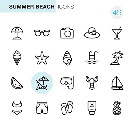 20 Outline Style - Black line - Pixel Perfect icons / Set #49
Icons are designed in 48x48pх square, outline stroke 2px.

First row of outline icons contains:
Beach Parasol, Sunglasses, Camera - Photographic Equipment, Beach Hat, Martini icon;

Second row contains:
Ice Cream Cone, Starfish, Conch Shell, Swimming Pool, Palm Tree;

Third row contains:
Watermelon, Deck Chair, Snorkeling, Lobster-Seafood, Sailboat; 

Fourth row contains:
Bikini, Swimming Trunks, Flip-Flop, Suntan Lotion, Pineapple.

Complete Primico collection - https://www.istockphoto.com/collaboration/boards/NQPVdXl6m0W6Zy5mWYkSyw