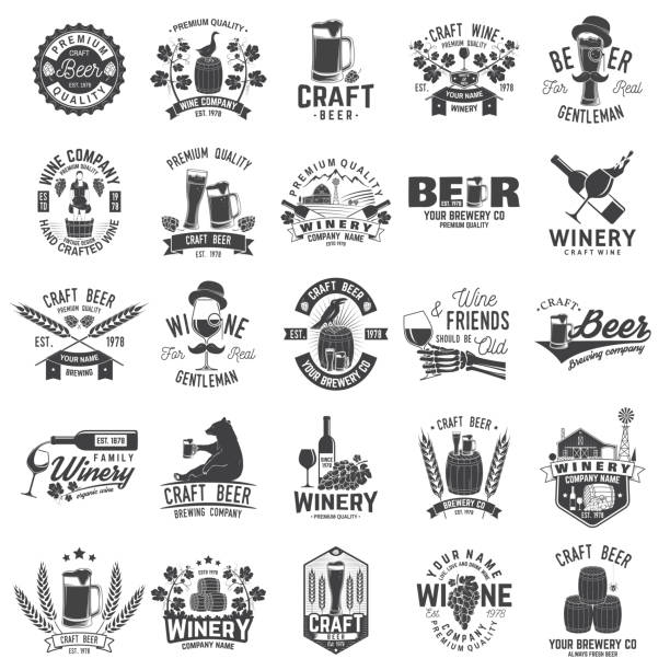 ilustrações de stock, clip art, desenhos animados e ícones de set of craft beer and winery company badge, sign or label. vector illustration - retro revival bar restaurant sign