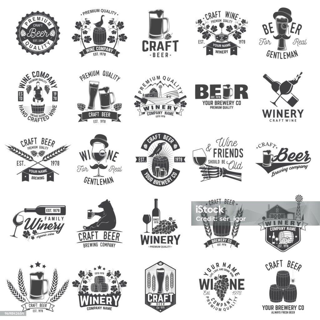 Set of Craft Beer and Winery company badge, sign or label. Vector illustration Set of Craft Beer and Winery company badge, sign or label. Vector illustration. Vintage design for winery company, bar, pub, shop, branding and restaurant business. Coaster for beer, wine glasses Logo stock vector