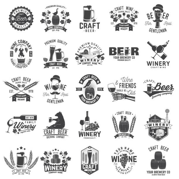 Set of Craft Beer and Winery company badge, sign or label. Vector illustration Set of Craft Beer and Winery company badge, sign or label. Vector illustration. Vintage design for winery company, bar, pub, shop, branding and restaurant business. Coaster for beer, wine glasses beer brands stock illustrations