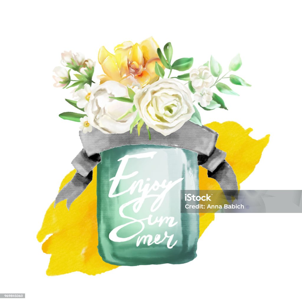 Beautiful watercolor flowers, floral bouquet, wreath. Yellow flowers - roses, peonies, marigolds in a glass mason jar with ribbon, lettering and watercolor shape. Lush foliage and white roses. Isolated on white Mason Jar stock illustration