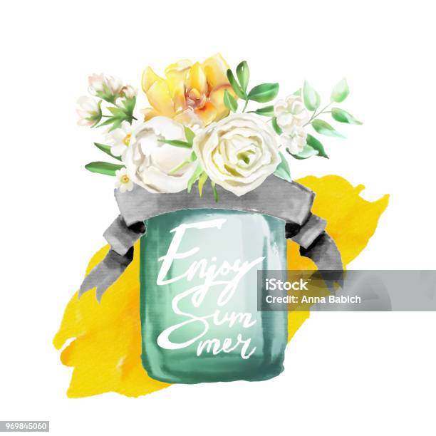 Beautiful Watercolor Flowers Floral Bouquet Wreath Yellow Flowers Roses Peonies Marigolds In A Glass Mason Jar With Ribbon Lettering And Watercolor Shape Lush Foliage And White Roses Isolated On White Stock Illustration - Download Image Now