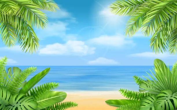 Vector illustration of sea beach and tropical bushes