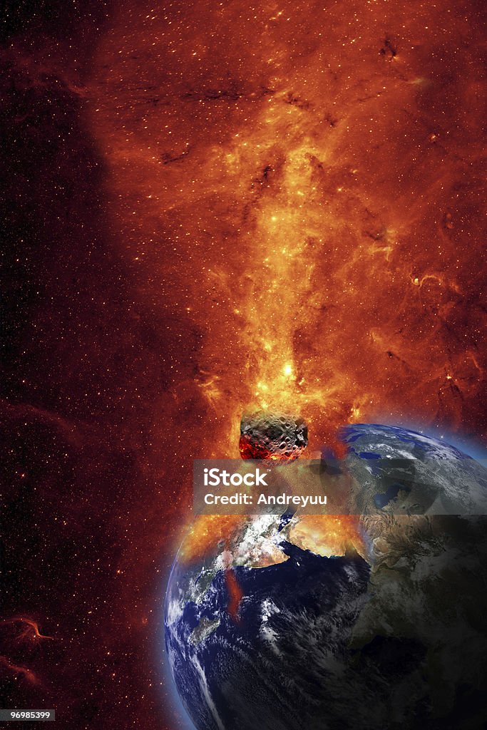 Image of meteor crashing into Earth causing explosion Armageddon. Meteor Falling to the Earth.  The Earth map is public domain from NASA http://photojournal.jpl.nasa.gov/targetFamily/Earth Meteorite Stock Photo