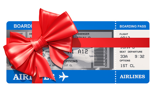 Air Ticket with gift bow. 3D rendering isolated on white background