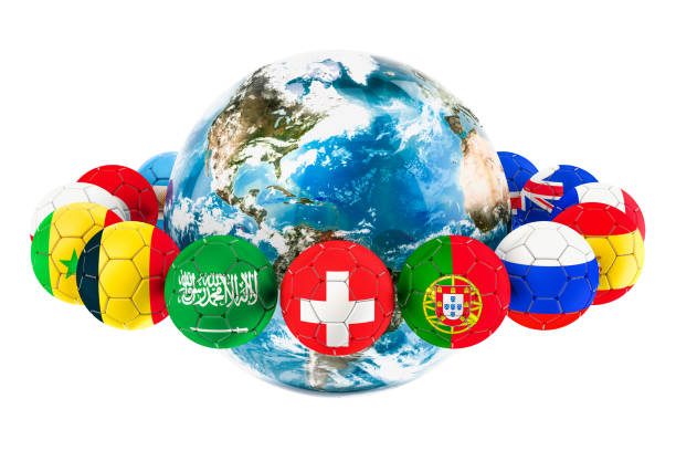 istock Soccer balls with flags around the Earth Globe, 3D rendering isolated on white background. 969856286