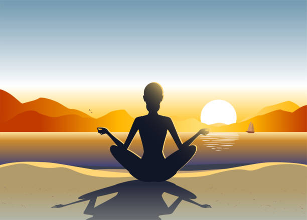 ilustrações de stock, clip art, desenhos animados e ícones de young woman doing yoga on the beach - sea zen like landscape water