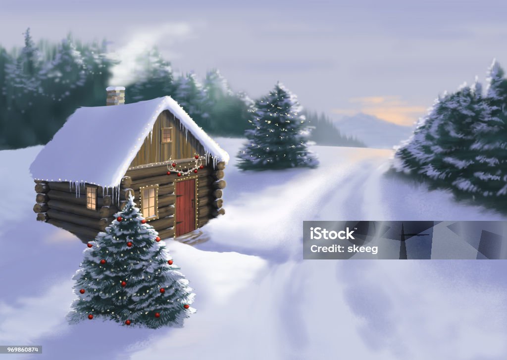 Snowy Christmas Cabin A snow covered cabin decorated for Christmas with lights and ornaments sits in the winter twilight wilderness. Log Cabin stock illustration