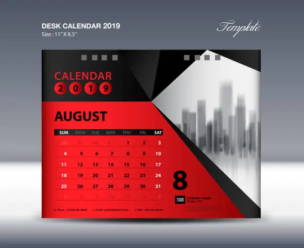 Vector illustration of AUGUST Desk Calendar 2019 Template, Week starts Sunday, Stationery design, flyer design vector, printing media creative idea design, red polygonal background concept, publication, advertisement