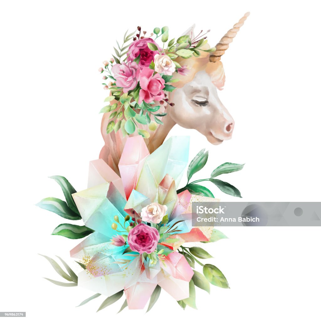 Beautiful, cute, watercolor unicorn head with flowers, floral crown, bouquet and magic crystals isolated on white Animal stock illustration