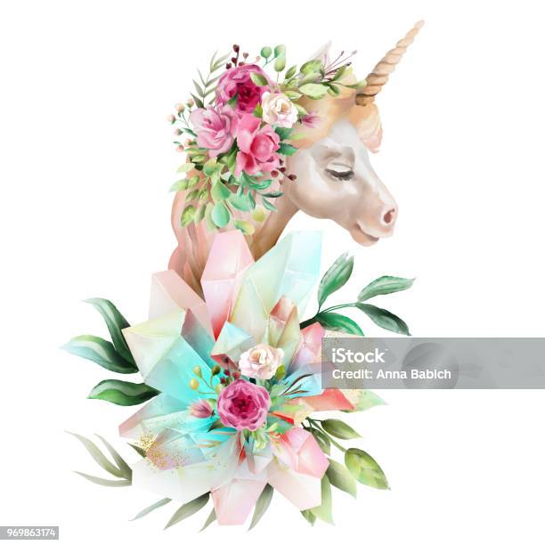 Beautiful Cute Watercolor Unicorn Head With Flowers Floral Crown Bouquet And Magic Crystals Isolated On White Stock Illustration - Download Image Now