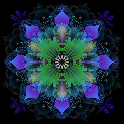 Vivid colors on black like petals of a complex flower featuring purples, greens, teal blue and gold on black background.