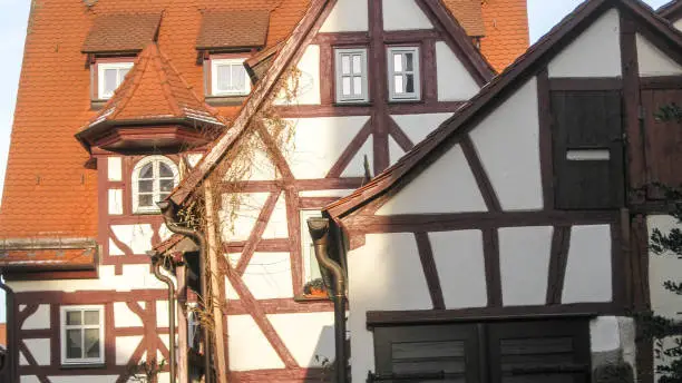 typical Bavarian fachwerk house  in old town of Furth, Germany, close view