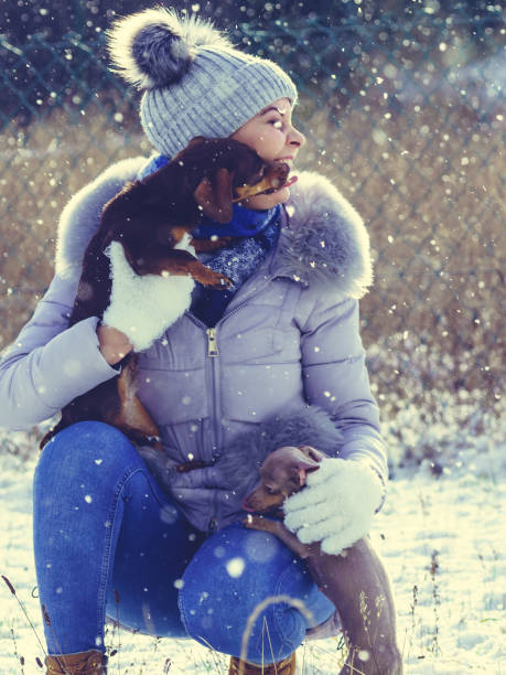 istock Woman playing with dogs during winter 969869758
