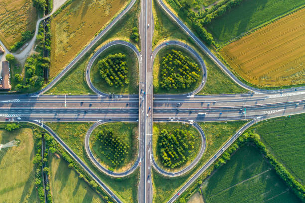 istock Highway road junction in countryside, view from above. 969875520